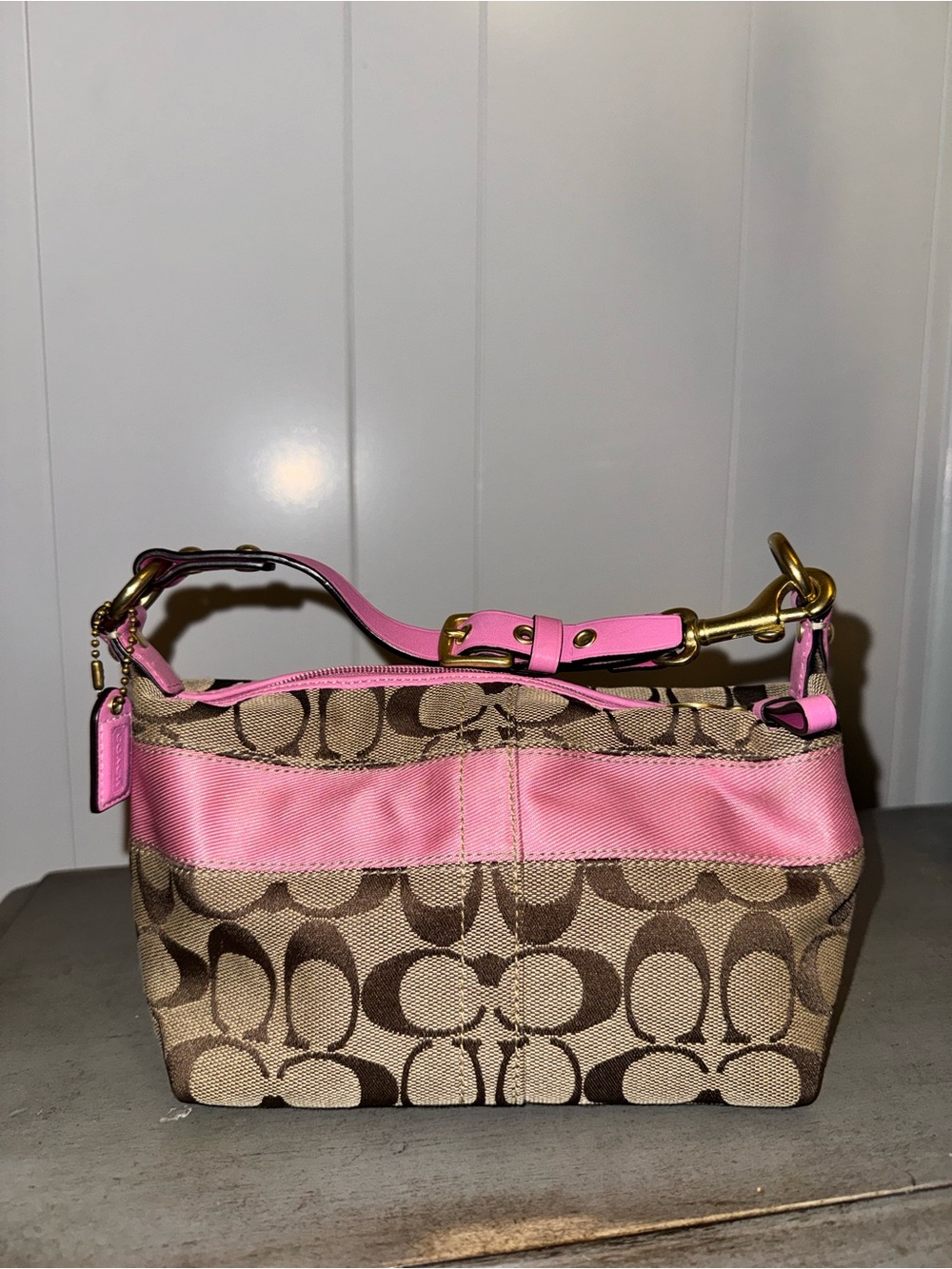 Authentic Y2K Coach Brown Signature Canvas Shoulder Bag with Pink Trim